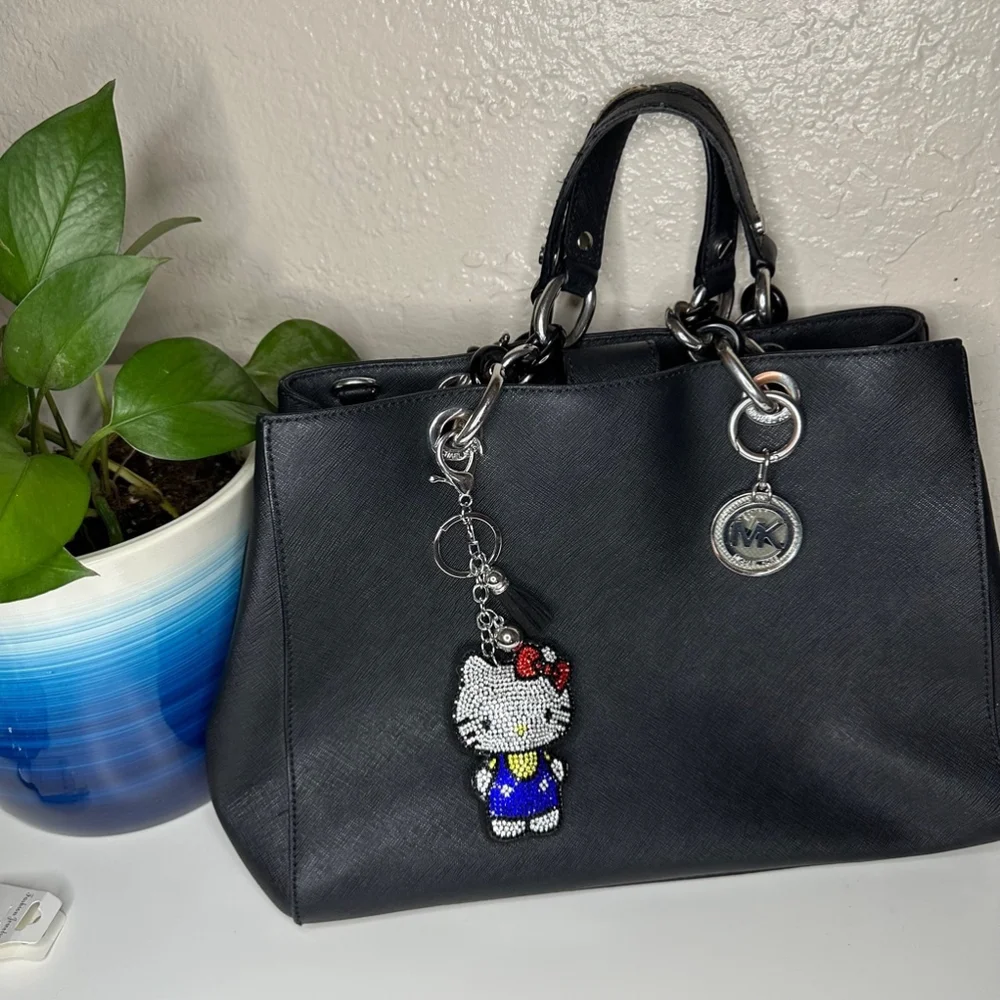 NWT Rhinestone Hello Kitty Keychain Bag Charm Black Vegan Suede